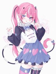 Rule 34 | 1girl, :p, absurdres, artist name, asymmetrical legwear, black hair, black ribbon, blush, bow, camila (vtuber), diamond-shaped pupils, diamond (shape), facial mark, hair ornament, hair ribbon, heart, heart facial mark, heart in eye, highres, indie virtual youtuber, long sleeves, mismatched legwear, multicolored hair, pink bow, pink hair, pleated skirt, pointy ears, pom pom (clothes), purple bow, purple eyes, ribbon, skirt, solo, streaked hair, striped bow, striped clothes, striped thighhighs, symbol-shaped pupils, symbol in eye, tail, tail bow, tail ornament, thighhighs, tongue, tongue out, twintails, virtual youtuber, white hair, zxcsque