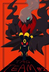1other :3 black_eyes blue_sclera colored_sclera darkrai english_text facial_mark floating forehead_mark full_body gen_2_pokemon gen_4_pokemon grey_hair grin hair_over_one_eye happy highres legendary_pokemon lemonade_kokoi long_hair looking_at_viewer mythical_pokemon nintendo one_eye_covered other_focus outside_border pokemon pokemon_(creature) red_background red_sclera sharp_teeth slit_pupils smile standing straight-on teeth umbreon white_eyes