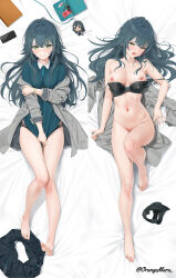 Rule 34 | 1girl, barefoot, black panties, blue hair, blue shirt, blush, bra, bra pull, breasts, cellphone, character doll, chibigurumi, clothes pull, commentary request, condom, condom wrapper, dakimakura (medium), doll, gakuen idolmaster, green eyes, grey jacket, hair between eyes, hair spread out, highres, idolmaster, jacket, large breasts, long hair, looking at viewer, lying, multiple views, navel, nipples, on back, open mouth, orange maru, panties, phone, plaid clothes, plaid jacket, saliva, shirt, smartphone, sweat, tsukimura temari, underwear, unworn panties, watch, wristwatch, yd (orange maru)