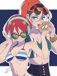 2girls amate_yuzuriha annqi aqua_eyes bikini blue_background blue_eyeshadow blue_nails border bracelet breasts cleavage closed_mouth commentary dated donut earrings eating eyeshadow eyewear_on_head food gundam gundam_gquuuuuux hairband headphones highres holding holding_donut holding_food hoop_earrings jewelry kouda_mana large_breasts makeup medium_breasts multiple_girls navel open_mouth orange_hair ponytail purple_eyes red_hair short_hair simple_background striped_bikini striped_clothes swimsuit tankini upper_body white_border
