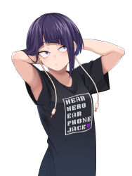1girl absurdres armpits arms_up audio_jack black_shirt boku_no_hero_academia highres jirou_kyouka kobaji long_earlobes purple_eyes purple_hair shirt short_hair simple_background solo t-shirt white_background