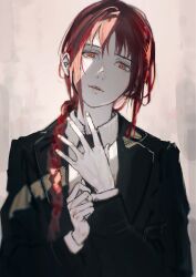 1girl absurdres black_jacket black_necktie black_suit braid chainsaw_man collared_shirt commentary formal_clothes hair_over_shoulder highres jacket looking_at_viewer makima_(chainsaw_man) necktie orange_eyes red_hair ringed_eyes shirt single_braid solo suit suit_jacket white_shirt yautja