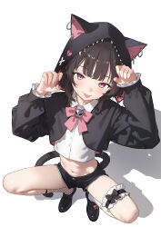 1girl absurdres animal_ears animal_hood black_jacket breasts brown_hair cat_ears commission eco_376124 from_above highres hood hood_up jacket long_sleeves navel original pink_eyes pixiv_commission shirt simple_background small_breasts squatting thigh_strap tongue tongue_out white_background white_shirt
