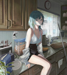 1girl absurdres bare_shoulders black_shorts breasts cleavage desk green_eyes green_hair high-waist_shorts highres indoors jenmin12 kitchen long_hair looking_at_viewer medium_breasts off_shoulder on_desk original parted_lips shirt shorts sitting sleeveless sleeveless_shirt solo sweat thighs white_shirt