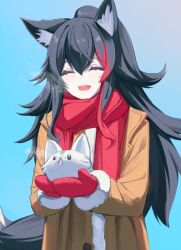 1girl alternate_costume animal animal_ear_fluff animal_ears animal_on_hand black_hair blue_background blush brown_coat closed_eyes coat commentary_request creature_on_hand crossed_bangs double-parted_bangs hair_over_shoulder high_ponytail highres hololive long_hair long_sleeves messy_hair multicolored_hair ookami_mio ponytail red_scarf red_streaks ru_airasuto scarf shirt sidelocks simple_background smile solo streaked_hair tail teeth upper_body upper_teeth_only virtual_youtuber white_shirt winter_clothes winter_coat winter_gloves wolf_ears wolf_girl wolf_tail