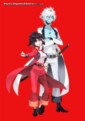 Rule 34 | 10s, 1boy, 1girl, 2011, :d, :p, ahoge, amelia wil tesla seyruun, banchou, belt, black hair, blue skin, character name, clenched hand, clenched hands, coat, colored skin, crossed arms, dated, delinquent, full body, happy, lyxu, open mouth, pants, pointy ears, purple eyes, red background, sarashi, shoes, short hair, simple background, slayers, smile, star (symbol), sword, tongue, tongue out, weapon, white hair, zelgadiss graywords