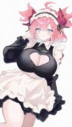 1girl ahoge alternate_costume apron blue_eyes breasts chichiri cleavage cleavage_cutout clothing_cutout enmaided eyes_visible_through_hair granblue_fantasy grey_background heart_cutout highres huge_breasts large_breasts looking_at_viewer maid maid_apron maid_headdress myuguao pink_hair simple_background solo