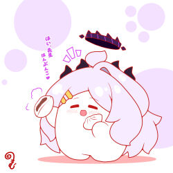 :d ahoge steamed_bun blue_archive blush chibi closed_eyes colored_shadow food grey_hair hair_ornament hairclip halo highres hina_(blue_archive) holding holding_food horns kurukurumagical long_hair notice_lines open_mouth parted_bangs shadow sharing_food single_hair_intake smile solo standing steam translation_request very_long_hair white_background
