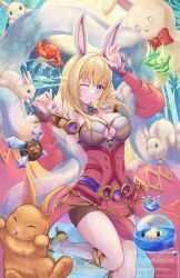 Rule 34 | absurdres, agni (ragnarok online), animal ears, aqua (ragnarok online), belt, blonde hair, blue brooch, blue eyes, breasts, brown shorts, cleavage, collar, commentary request, commission, detached collar, dress, elemental (creature), elemental master (ragnarok online), fire, fur-trimmed dress, fur trim, gem, high heels, highres, large breasts, nekogenetic, off-shoulder dress, off shoulder, one eye closed, pelvic curtain, pink dress, purple belt, purple gemstone, rabbit, rabbit ears, ragnarok online, shoes, shorts, shorts under dress, skeb commission, socks, standing, standing on one leg, tera (ragnarok online), ventus (ragnarok online), water, white collar, white socks, yellow shoes