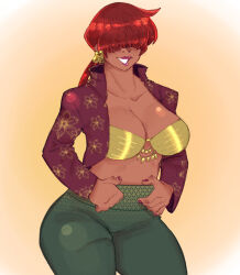 Rule 34 | 1girl, 1shermieaday, breasts, curvy, dark-skinned female, dark skin, earrings, female focus, floral print, flower print, gold, heart, huge breasts, jewelry, large breasts, long hair, long sleeves, open clothes, pants, ponytail, red hair, shermie (kof), shiny skin, shirt, smile, smiley face, standing, tan, the king of fighters, thick thighs, thighs, twintails, wide hips
