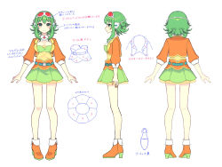 1girl bare_legs belt boots brooch commentary frilled_skirt frills full_body goggles goggles_on_head green_eyes green_hair green_skirt green_tube_top gumi gumi_(ai_megpoid) headphones high_heels jacket jewelry layered_skirt looking_at_viewer medium_hair multiple_views nou_(nounknown) official_art orange_boots orange_jacket orange_skirt pleated_skirt red_goggles reference_sheet shirt shoe_soles sidelocks skirt smile standing strapless tube_top vocaloid white_background yellow_shirt