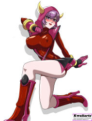 1girl absurdres alternate_breast_size blush boots breasts courtney_(pokemon) courtney_(pokemon_oras) covered_erect_nipples dress gauntlets gloves high_heels highres hood hooded_dress hoodie kneeling kwaiiarts large_breasts lips looking_at_viewer matching_hair/eyes multicolored_gloves nintendo on_one_knee open_mouth panties panty_peek pokemon pokemon_oras purple_eyes purple_hair red_boots red_dress ribbed_dress short_dress short_hair smile team_magma thighs turtleneck underwear white_background