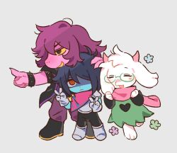 1boy 1girl 1other animal_ears armlet armor armored_boots baggy_pants black_boots black_coat black_eyes black_pants black_sleeves blue_flower blue_sky boots bracelet breastplate chibi chin_rest claws clenched_hands coat collared_coat colored_sclera deltarune double_v expressionless fang flower furry furry_male gauntlets glasses goat_ears goat_horns green-framed_eyewear green_flower green_tunic grey_background grey_boots grin hand_on_another&#039;s_head happy head_on_head head_rest heart heart_print height_difference horns jewelry kris_(dark_world)_(deltarune) kris_(deltarune) long_hair long_sleeves looking_ahead messy_hair monster_girl nostrils pants pauldrons pink_hair pointing pointing_forward purple_flower purple_pants purple_shirt ralsei red_scarf round_eyewear scarf shirt shoulder_armor simple_background skin_fang sky sleeveless sleeveless_coat sleeves_past_wrists smile spiked_armlet spiked_bracelet spikes standing susie_(dark_world)_(deltarune) susie_(deltarune) torn_clothes tunic v xiao_ganju_nailuo yellow_sclera