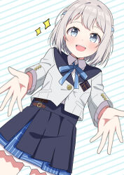 1girl absurdres blue_eyes blue_ribbon blue_skirt blush braid commentary_request cropped_jacket diagonal-striped_background dutch_angle gakuen_idolmaster grey_hair hair_ribbon hatsuboshi_gakuen_school_uniform highres hosinonana idolmaster jacket katsuragi_lilja looking_at_viewer neck_ribbon open_mouth overskirt pleated_skirt ribbon school_uniform shirt short_hair skirt smile solo sparkle striped_background white_jacket white_shirt