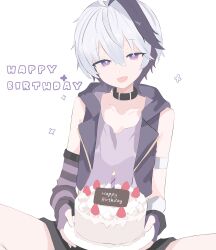 Rule 34 | 1girl, absurdres, arm warmers, birthday, black collar, black hair, cake, candle, ceiling light, collar, collarbone, flat chest, flower (vocaloid), flower (vocaloid4), food, fruit, grey shirt, happy birthday, highres, holding, holding plate, jacket, laceys es, looking at viewer, multicolored hair, open mouth, plate, purple arm warmers, purple eyes, purple jacket, shirt, simple background, sitting, solo, strawberry, striped arm warmers, two-tone hair, vocaloid, white background, white hair