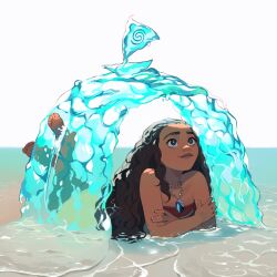 1girl bare_shoulders brown_eyes brown_hair crossed_arms dark-skinned_female dark_skin element_bending fingernails flat_chest full_body horizon hydrokinesis jewelry lips long_hair lying moana_(movie) moana_waialiki necklace ocean ocean_(moana) on_stomach pano_(mohayayamai) partially_submerged pendant soles solo strapless the_pose thick_eyebrows toes tube_top water wavy_hair white_background