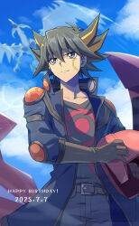 Rule 34 | 1boy, absurdres, black hair, black shirt, blonde hair, blue coat, coat, cowboy shot, d-wheel, dragon, english text, facial mark, fudo yusei, happy birthday, helmet, highres, holding, holding helmet, holding unworn helmet, itsumiruka, medium hair, motor vehicle, motorcycle, multicolored hair, open clothes, open coat, purple eyes, red helmet, shirt, solo focus, spiked hair, stardust dragon, streaked hair, two-tone hair, unworn headwear, unworn helmet, yu-gi-oh!, yu-gi-oh! 5d&#039;s