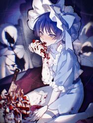 1boy alternate_costume ambiguous_red_liquid androgynous between_legs birthday_cake blue_bow blue_shirt blue_shorts blue_sleeves blunt_ends blush bonnet bow broken cake cropped_shirt crossdressing doll_joints eyelashes fangs fingernails food frilled_hat frilled_shirt frilled_shirt_collar frilled_sleeves frills fruit genshin_impact hand_between_legs hand_up hat hat_bow highres holding holding_cake holding_food joints knife large_bow looking_at_viewer male_focus number_candle open_mouth puffy_sleeves puppet purple_eyes purple_hair purple_hat red_sheet scaramouche_(genshin_impact) shirt shorts sitting solo strawberry strawberry_shortcake tearing_up teeth thigh_strap three-quarter_sleeves three_quarter_view tongue tongue_out upper_teeth_only w02_14 wariza white_trim