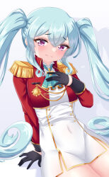 1girl :3 absurdres adapted_costume alternate_costume anson_(azur_lane) arada_(corsair_zero) azur_lane black_gloves blue_hair blush breasts closed_mouth commentary commission cowboy_shot dress epaulettes gloves hair_between_eyes half_gloves hand_on_own_chest highres jacket long_hair long_sleeves looking_at_viewer medal military_dress_uniform military_uniform purple_eyes red_jacket ringlets shadow short_dress shy sidelocks simple_background sitting small_breasts smile solo tassel thighs twintails white_background