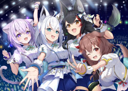 4girls :d absurdres animal_ears aqua_eyes arm_up black_hair blue_shorts braid brown_eyes brown_hair cat_ears cat_tail clenched_hand crowd dog_ears dog_girl dog_tail double-parted_bangs fang fox_ears fox_girl highres hololive hololive_gamers hololive_idol_uniform_(bright) idol_clothes inugami_korone looking_at_viewer medium_hair multicolored_hair multiple_girls nekomata_okayu official_alternate_costume official_art one_eye_closed ookami_mio open_mouth outstretched_arm outstretched_hand purple_eyes purple_hair shirakami_fubuki shorts sidelocks skin_fang smile stage_lights streaked_hair tail torakichi_888 v white_hair white_overskirt wolf_ears wolf_girl wrist_cuffs