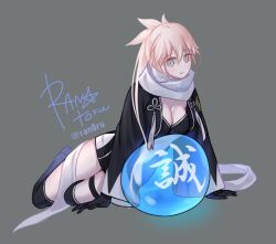 1girl artist_name blonde_hair breasts fate/grand_order fate_(series) grey_background grey_eyes hair_between_eyes japanese_clothes kimono koha-ace long_hair medium_breasts mikaeri okita_souji_(fate) scarf short_kimono simple_background solo white_scarf