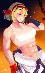 1girl abs absurdres alternate_costume asymmetrical_gloves black_gloves breasts buttslayer chain collarbone commentary earrings english_commentary eyewear_on_head gloves grin hairband highres holding holding_mallet hololive hololive_indonesia jewelry kaela_kovalskia mallet medium_breasts midriff muscular muscular_female navel red-tinted_eyewear red_eyes red_gloves red_hairband signature smile solo sweat tank_top tinted_eyewear virtual_youtuber white_tank_top