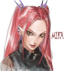 1girl black_eyeshadow character_name earrings eyeshadow hashtag-only_commentary highres jewelry kpop_demon_hunters looking_at_viewer makeup mipuu mira_(kpop_demon_hunters) open_mouth pink_hair sidelocks simple_background smirk solo turtleneck twintails upper_body white_background