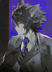Rule 34 | 1boy, ahoge, animal ears, arknights, black hair, blue background, blue necktie, brooch, buttons, closed mouth, collared shirt, double-breasted, ear piercing, expressionless, grey jacket, hair between eyes, hou (ppo), jacket, jewelry, looking to the side, male focus, necktie, open clothes, open jacket, piercing, profile, shirt, short hair, sidelocks, signature, solo, suit jacket, upper body, vigil (arknights), white shirt, wolf ears, yellow eyes