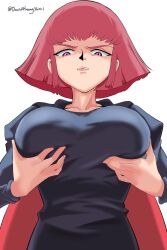 1girl artist_name black_shirt bob_cut breasts cape cowboy_shot david_huang disgust from_below grabbing_own_breast gundam haman_karn hashtag-only_commentary highres juliet_sleeves large_breasts lipstick long_sleeves makeup medium_hair parted_lips pink_eyes pink_hair pink_nails puffy_sleeves shirt signature simple_background solo twitter_username white_background zeta_gundam