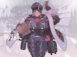 1girl 2023 absurdres arm_up bag black_bag black_gloves black_jacket black_pants box breasts coat commission copyright_name cowboy_shot earrings envelope final_fantasy final_fantasy_xiv fur-trimmed_coat fur-trimmed_sleeves fur_trim gloves green_eyes happy_holidays hat highres holding holding_box holding_envelope holding_letter huge_breasts jacket jewelry keziedra letter looking_at_viewer mailman mole mole_on_cheek mole_under_eye original package pants parted_lips peaked_cap satchel short_hair single_earring smile snowflakes snowing solo thigh_strap