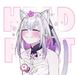 1girl ^_^ animal_ear_fluff animal_ears bare_shoulders blush carrot_011 castorice_(honkai:_star_rail) cat_ears cat_tail closed_eyes colored_inner_hair flower grey_hair hair_flower hair_ornament highres honkai:_star_rail honkai_(series) kemonomimi_mode multicolored_hair pink_flower pointy_ears purple_hair smile solo tail upper_body white_background