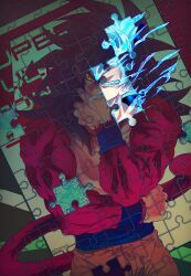 Rule 34 | 1boy, black hair, blue eyes, blue sash, closed mouth, dragon ball, dragon ball gt, dragon ball super, dual persona, hand to own mouth, jigsaw puzzle, long hair, male focus, monkey boy, monkey tail, muscular, muscular male, ommmyoh, pants, puzzle, red fur, revealing layer, saiyan, sash, son goku, spiked hair, super saiyan, super saiyan 4, super saiyan blue, tail, twitter username, yellow eyes, yellow pants