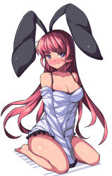 1girl animal_ears barefoot blue_eyes breasts cleavage female_focus full_body large_breasts long_hair long_sleeves looking_at_viewer original rabbit_ears red_hair saiste simple_background sitting smile solo wariza white_background