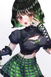 1girl absurdres black_bow black_choker black_hair black_nails black_shirt black_sleeves blush bow breasts choker cleavage cleavage_cutout clothing_cutout colored_inner_hair commentary_request crop_top cropped_shirt cross cross-laced_clothes cross_necklace detached_sleeves ear_piercing eyelashes fang fingernails frilled_skirt frilled_sleeves frills green_hair green_nails green_skirt hand_up heart heart-shaped_pupils heart_necklace highres jewelry lace-up_sleeves lace_trim large_breasts looking_at_viewer midriff mole mole_under_eye multicolored_hair nail_polish necklace open_mouth original piercing plaid_clothes plaid_skirt puffy_short_sleeves puffy_sleeves red_eyes shinzousan shirt short_hair short_sleeves sidelocks skin_fang skirt solo spiked_choker spikes standing streaked_hair symbol-shaped_pupils two-tone_hair white_background