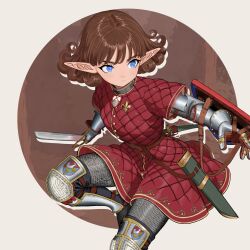 1girl armor blue_eyes boagnnnnnnn brown_hair chainmail commentary dress emblem english_commentary expressionless fleur-de-lis gauntlets greaves highres leg_up looking_to_the_side original padded_armor pointy_ears red_dress sheath shield short_sword solo sword wavy_hair weapon