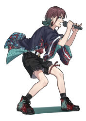 1girl absurdres black_nails black_shorts black_socks blue_eyes blue_hair blue_haori brown_hair colored_tips commentary earrings full_body girls_band_cry haori highres holding holding_microphone iseri_nina japanese_clothes jewelry joker_(jjjokerrr233) kuuhaku_to_catharsis low_twintails microphone multicolored_hair nail_polish open_mouth pinky_out red_shirt red_shoes shirt shoes short_hair short_twintails shorts simple_background socks solo standing twintails white_background