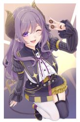Rule 34 | 1girl, absurdres, belt, black belt, black skirt, black thighhighs, blush, breasts, brown horns, buttons, center frills, commentary request, demon girl, demon horns, demon tail, frilled skirt, frills, full body, highres, horns, juliet sleeves, jumping, large breasts, long sleeves, looking at viewer, mismatched thighhighs, mole, mole under mouth, nanashi inc., neck ribbon, one eye closed, open mouth, other5555, pointy ears, poker chip, puffy sleeves, purple eyes, purple hair, purple ribbon, ribbon, saionji mary, shirt, shrug (clothing), skirt, smile, solo, tail, thighhighs, virtual youtuber, white shirt, white thighhighs
