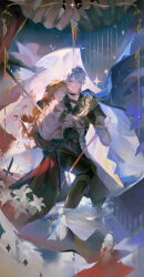 2boys absurdres antenna_hair arm_tattoo armlet armor armored_boots black_choker black_coat black_gloves black_pants black_shirt blonde_hair blood blood_from_mouth blue_cape blue_eyes boots braid cape chest_tattoo chinese_commentary choker clawed_gauntlets closed_eyes coat commentary_request diaochayuanyijiejue facial_tattoo fingerless_gloves floating_cape gloves gold_necklace gradient_hair hair_between_eyes highres honkai:_star_rail honkai_(series) jewelry male_focus medium_hair multicolored_hair multiple_boys mydei_(honkai:_star_rail) necklace open_clothes open_coat pants parted_bangs pauldrons phainon_(honkai:_star_rail) red_hair red_tattoo shirt short_hair shoulder_armor side_braid single_glove single_pauldron tattoo tears toned toned_male white_coat white_hair yaoi yellow_blood