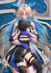2girls absurdres bare_shoulders black_boots black_bow black_dress black_gloves black_hair black_thighhighs blonde_hair blue_eyes blue_hair blue_hands blush boots bow breast_pillow breasts closed_eyes closed_mouth commentary crown_of_thorns dress ear_blush earrings elbow_pads english_commentary female_rover_(wuthering_waves) fleurdelys_(wuthering_waves) floating_earrings from_above girl_on_top gloves hair_bow hair_spread_out highres horns hug huge_breasts jewelry large_breasts long_hair long_horns low_ponytail luizhtx lying median_furrow multiple_girls on_back parted_bangs pointy_ears ponytail rover_(wuthering_waves) sidelocks single_horn smile tacet_mark_(wuthering_waves) thigh_boots thighhighs thighhighs_under_boots thighs twitter_username very_long_hair wuthering_waves yellow_horns