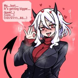 1girl black_jacket blush breasts character_request demon_girl demon_horns demon_tail english_text fellatio_gesture fujita_yoshinobu_(ksk_oda) heart heart-shaped_pupils helltaker horns jacket large_breasts medium_hair mixed-language_text modeus_(helltaker) red_background red_eyes red_sweater simple_background solo speech_bubble sweater symbol-shaped_pupils tail tongue tongue_out upper_body white_hair