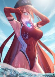 Rule 34 | 1girl, absurdres, black hat, blue fire, blue hair, blue sky, breasts, cloud, cloudy sky, day, elbow gloves, elizabeth rose bloodflame, fire, fire on chest, gloves, gradient hair, hat, highres, hololive, hololive english, large breasts, long hair, multicolored hair, one-piece swimsuit, outdoors, pawz212, peaked cap, red eyes, red gloves, red hair, red one-piece swimsuit, sky, solo, sunglasses, swimsuit, very long hair, virtual youtuber, wading, water