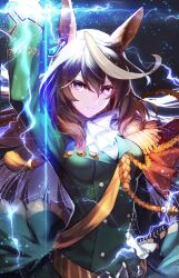 1girl aiguillette animal_ears arm_up ascot brown_hair cape commentary earrings electricity epaulettes highres horse_ears horse_girl jewelry long_hair long_sleeves multicolored_hair nakamura_eight purple_eyes revision sash single_epaulette solo streaked_hair symbol-only_commentary symboli_rudolf_(umamusume) umamusume upper_body white_hair