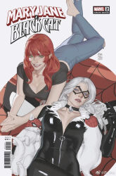 2girls animal animal_ears animal_nose artist_name barefoot black_bodysuit black_cat_(marvel) black_choker black_mask black_shirt blue_eyes blue_pants bodysuit breasts cat cat_ears cat_tail character_name choker collarbone copyright_name denim eye_mask felicia_hardy fur-trimmed_bodysuit green_eyes grey_hair hair_between_eyes large_breasts latex latex_bodysuit lips long_hair looking_at_viewer lying marvel mary_jane_watson multiple_girls on_back on_stomach own_hands_together pants red_hair shirt short_sleeves simple_background smile spider-man spider-man_(series) superhero_costume t-shirt tail teeth white_background white_fur yaoyao794 zipper