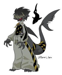 1girl animal baggy_pants black_hair black_leotard black_skin caution_tape claws colored_skin colored_teeth colored_tips dorsal_fin fins fish_tail full_body green_hair grin highres leotard monster_girl multicolored_hair notched_ear notched_tail original pants piercing pointy_ears red_teeth shark shark_girl shark_tail sharp_teeth short_hair shrug_(clothing) simple_background smile solo standing tail tail_ornament tail_piercing teeth torori_toro_(oimo_kenpi) white_background
