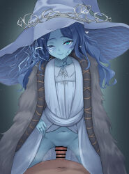 1boy 1girl absurdres bar_censor blue_eyes blue_hair blue_hat blue_skin blue_theme censored colored_skin commentary_request elden_ring hat heart hetero highres kazami_windy long_hair navel one_eye_closed penis petite pussy ranni_the_witch solo_focus textless_version variant_set witch_hat