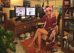 1girl 4chan absurdly_detailed_composition age_of_empires_(series) alien_(series) ancient_egyptian animal_ear_fluff animal_ears at_computer bandaged_tail bare_legs bare_shoulders barefoot blunt_bangs blush book book_stack bookshelf call_of_duty carpet cat_ears cat_girl cat_tail chair chalice circlet command_&amp;_conquer command_&amp;_conquer:_tiberian_sun commission commissioner_upload computer computer_keyboard computer_mouse computer_tower controller counter-strike_(series) cup dark-skinned_female dark_skin dark_souls_(series) dark_souls_ii desk desktop_(computing) deus_ex diablo_(series) diablo_3 dot_nose earrings egyptian_art ein_(cowboy_bebop) eve_online extra_ears fallout fallout:_new_vegas feet figure film_grain fingernails full_body gem gold gold_earrings gold_hairband gold_nails gold_ring hair_ornament hairband half-life_(series) handheld_game_console headpiece heroes_of_might_and_magic highres ijiranaide_nagatoro-san indie_virtual_youtuber indoors internet_explorer isuress_(vtuber) jewelry joystick legs loaded_interior long_hair long_shirt long_sleeves long_toenails looking_at_viewer manga_(object) mass_effect_(series) monitor mousepad_(object) multiple_monitors multiple_rings nail_polish no_bra no_pants off_shoulder on_chair ornate otaku otaku_room pepe_the_frog pink_eyes pink_hair pink_tail plant playing_games playstation_portable pointy_ears poster_(object) potted_plant quake_(series) quake_2 ribbon ring ringed_eyes sharp_fingernails sharp_toenails sidelocks sitting slepp solo splinter_cell starcraft striped_clothes system_shock_2 tail tail_ornament tail_ribbon tail_ring taskbar the_elder_scrolls the_elder_scrolls_iii:_morrowind the_elder_scrolls_iv:_oblivion the_orange_box the_witcher_(series) the_x-files thighs tiara toe_ring toenail_polish toenails toes twitch.tv two-tone_nails unreal_tournament_3 v-shaped_eyebrows valve_software vase video_game virtual_youtuber warcraft yellow_nails