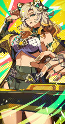 1girl animal_ears blonde_hair detached_sleeves dj genshin_impact gold_nails green_eyes hair_between_eyes hand_up high-waist_shorts highres jaguar_ears jaguar_girl jewelry long_hair long_sleeves looking_at_viewer midriff multicolored_hair multiple_rings navel one_eye_closed parted_lips ring shibuki_kamone shorts solo standing xilonen_(genshin_impact)