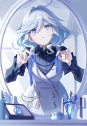 Rule 34 | 1girl, absurdres, alternate costume, blue eyes, blue gemstone, blue hair, blue sweater, coat, commentary request, cowlick, furina (genshin impact), gem, genshin impact, hair between eyes, hair intakes, hands up, haru same322, heterochromia, highres, holding sash, long sleeves, looking at mirror, looking at viewer, medium hair, mirror, multicolored hair, parted lips, solo, streaked hair, sweater, white coat