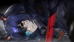 1girl arknights black_jacket blue_hair blurry blurry_foreground ch&#039;en_(arknights) depth_of_field hair_between_eyes highres horns jacket lying on_side planted planted_sword planted_weapon qingjiaokuaigengxin red_eyes solo sword weapon wet wet_hair