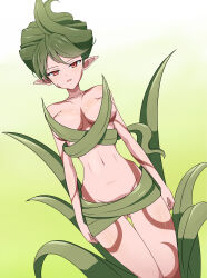 1girl breasts clam_curry commentary_request cowboy_shot drill_hair dryad_(ragnarok_online) dutch_angle full-body_tattoo gluteal_fold green_background green_hair highres large_breasts looking_at_viewer navel open_mouth plant_hair pointy_ears ragnarok_online red_eyes short_hair solo tattoo